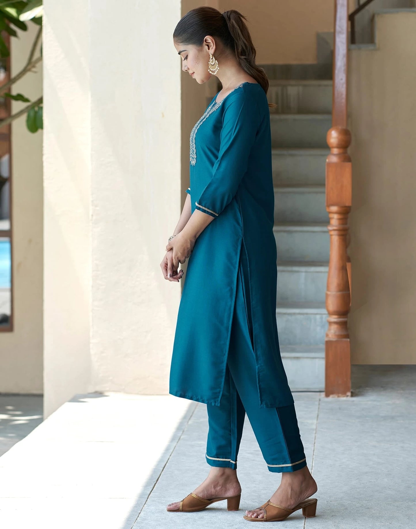 Cotton Blend Embroidery and Lace Straight Kurta with Pant & Dupatta
