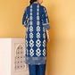 Affordable Blue Cotton Printed Straight Kurta Set with Mandarin Collar, Pant & Dupatta under 999