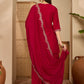 Maroon Silk Embroidered Kurta Set with Dupatta Round Neck Ethnic Wear for Karwa Chauth