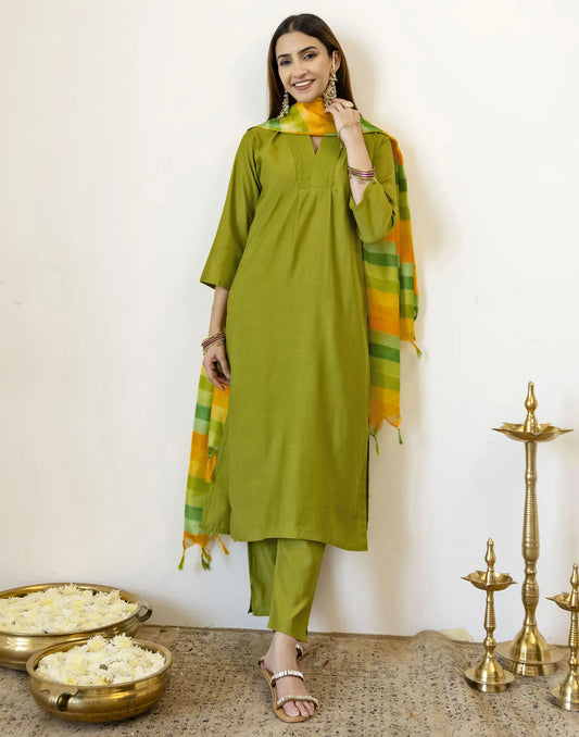 Earthy Matcha Green Split V Neck Printed Straight 3 Piece Kurta Set With Dupatta