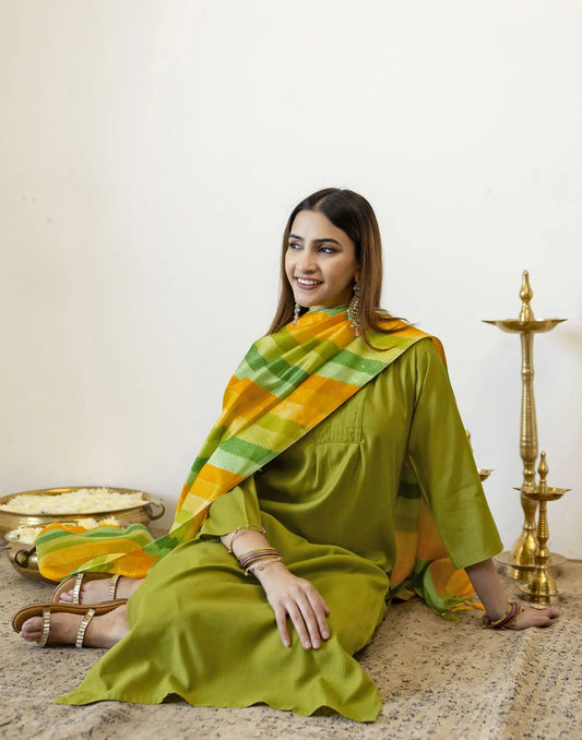 Earthy Matcha Green Split V Neck Printed Straight 3 Piece Kurta Set With Dupatta