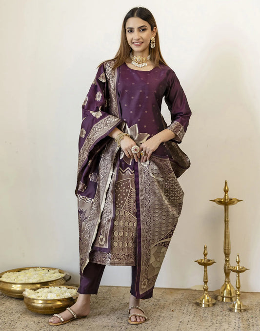 Deep Wine Purple Round Neck Weaving Straight 3 Piece Kurta Set With Dupatta