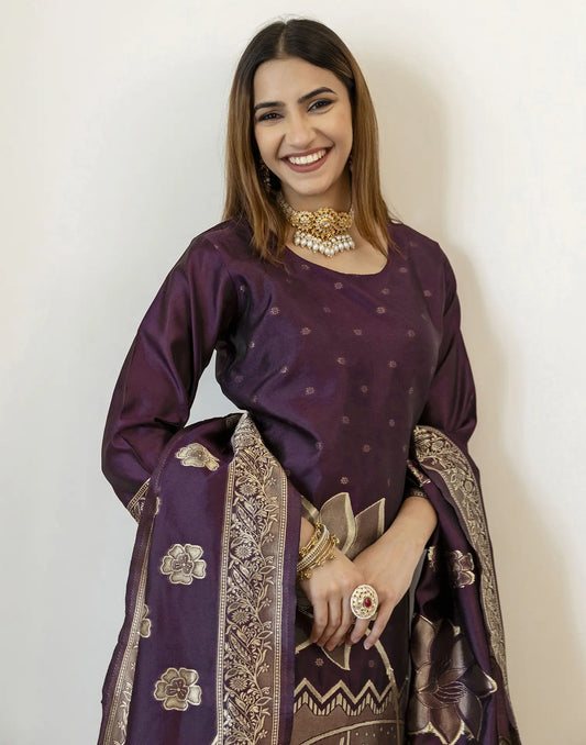 Deep Wine Purple Round Neck Weaving Straight 3 Piece Kurta Set With Dupatta