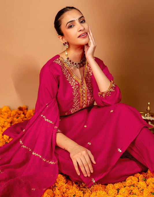Ruby Red V-Neck Embroidery Straight 3 Piece Kurta Set With Dupatta