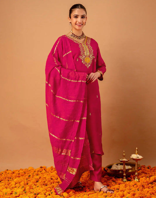 Ruby Red V-Neck Embroidery Straight 3 Piece Kurta Set With Dupatta