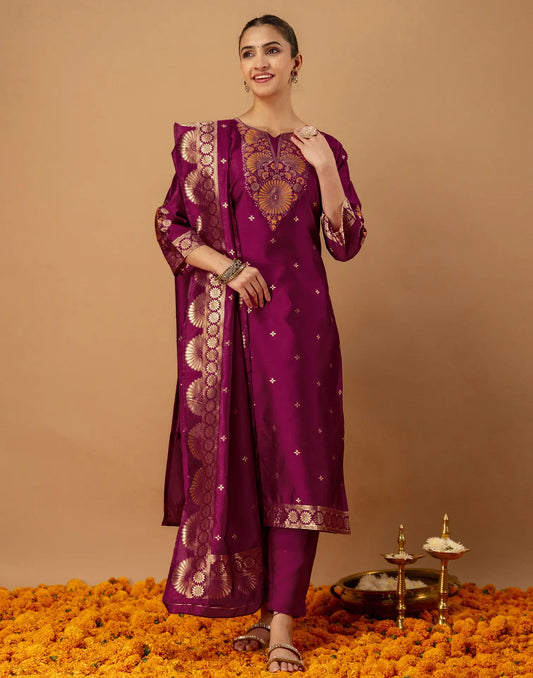 Magenta Pink Notched Round Neck Weaving Straight 3 Piece Kurta Set With Dupatta
