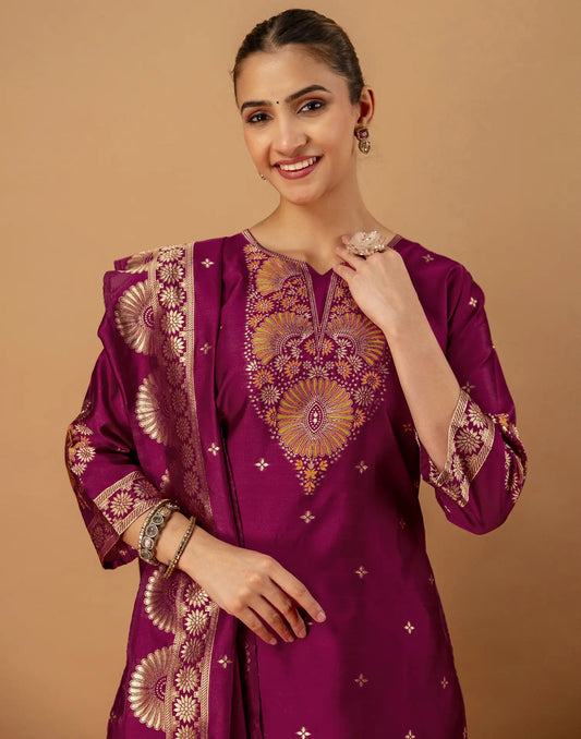 Magenta Pink Notched Round Neck Weaving Straight 3 Piece Kurta Set With Dupatta