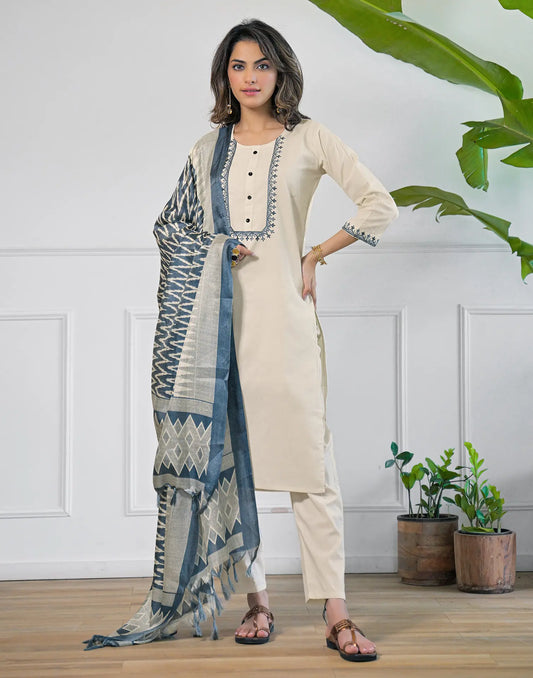 Cotton Flex Embroidered Straight 3 Piece Kurta Set