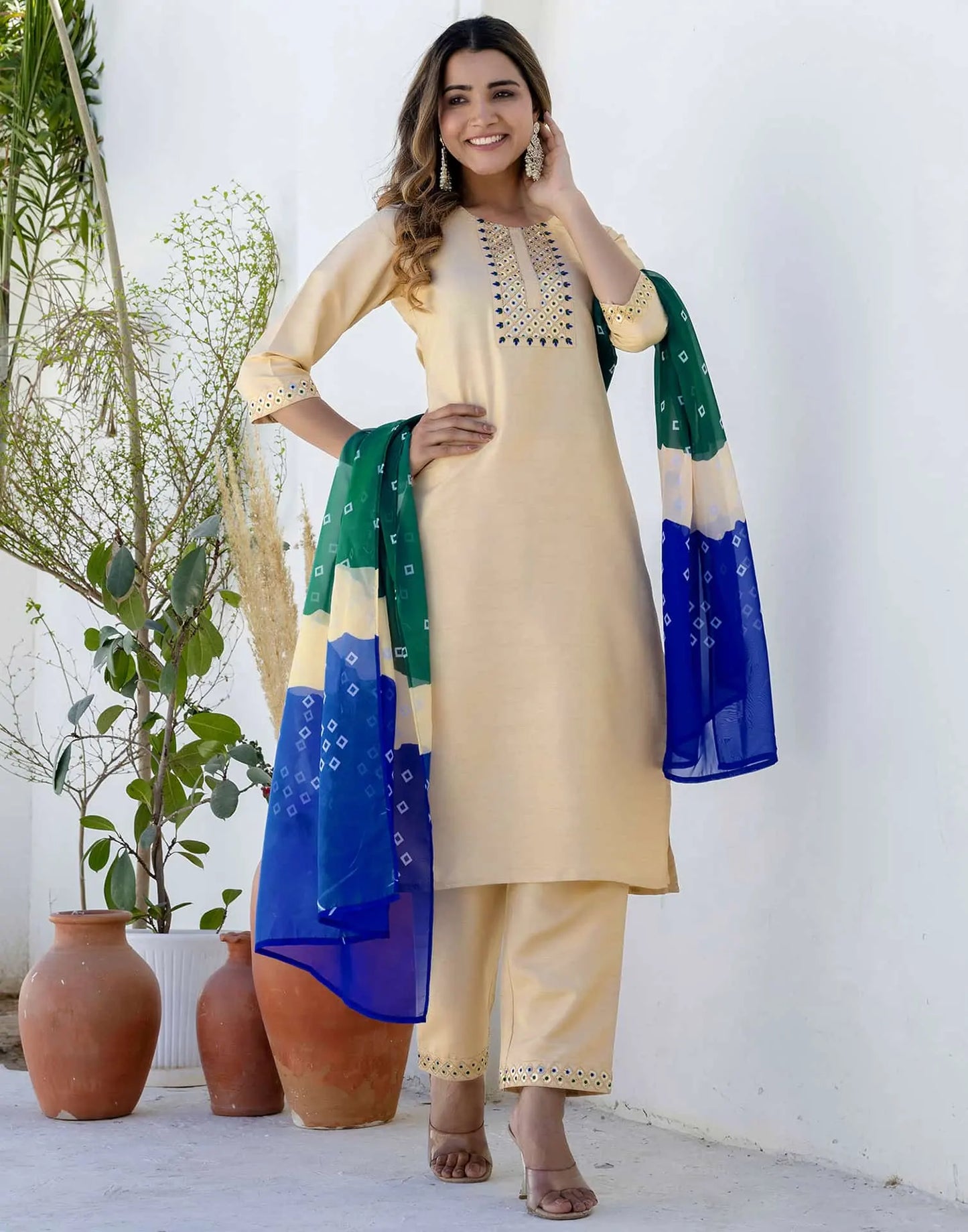 Silk Embroidery and Sequins Work, Embroidery Lace Straight Kurta with Pant & Dupatta