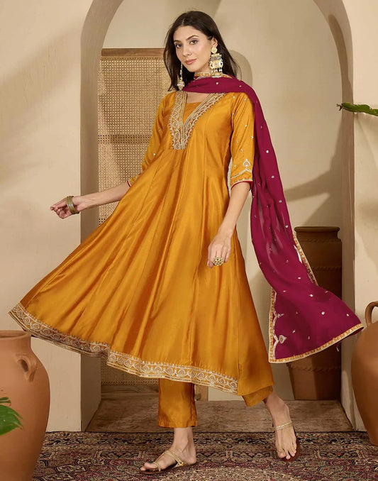 Silk Anarkali Embroidery Square Neck Kurta with Pant & Dupatta