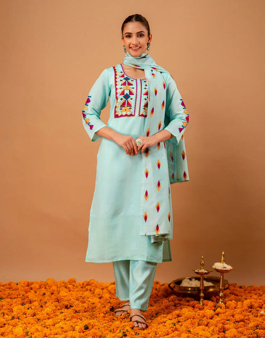 Silk Blend Embroidered Straight 3 Piece Kurta Set