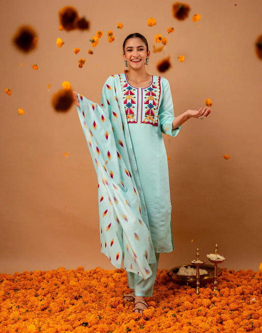 Silk Blend Embroidered Straight 3 Piece Kurta Set