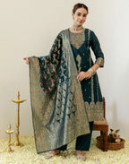 Peacock Teal Round Neck Jacquard Woven Design Straight 3 Piece Kurta Set With Dupatta