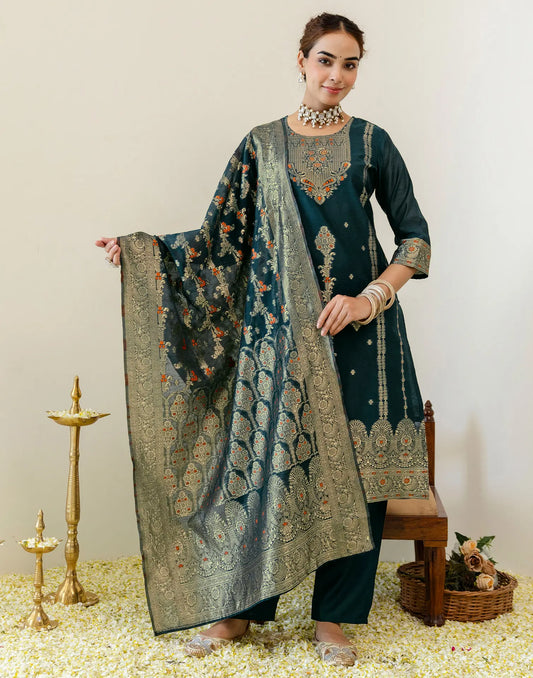 Peacock Teal Round Neck Jacquard Woven Design Straight 3 Piece Kurta Set With Dupatta
