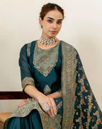 Peacock Teal Round Neck Jacquard Woven Design Straight 3 Piece Kurta Set With Dupatta