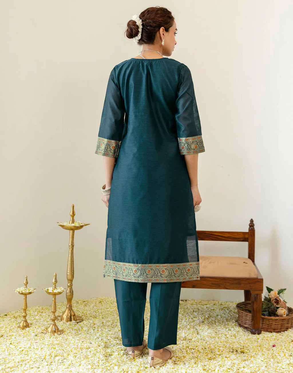 Peacock Teal Round Neck Jacquard Woven Design Straight 3 Piece Kurta Set With Dupatta