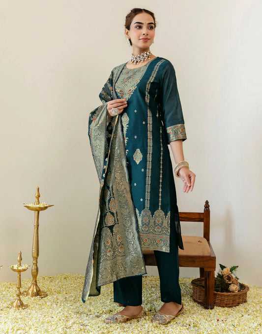 Peacock Teal Round Neck Jacquard Woven Design Straight 3 Piece Kurta Set With Dupatta