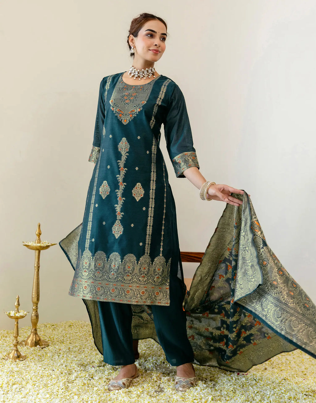 Peacock Teal Round Neck Jacquard Woven Design Straight 3 Piece Kurta Set With Dupatta