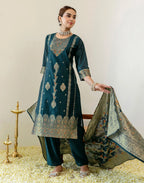 Peacock Teal Round Neck Jacquard Woven Design Straight 3 Piece Kurta Set With Dupatta