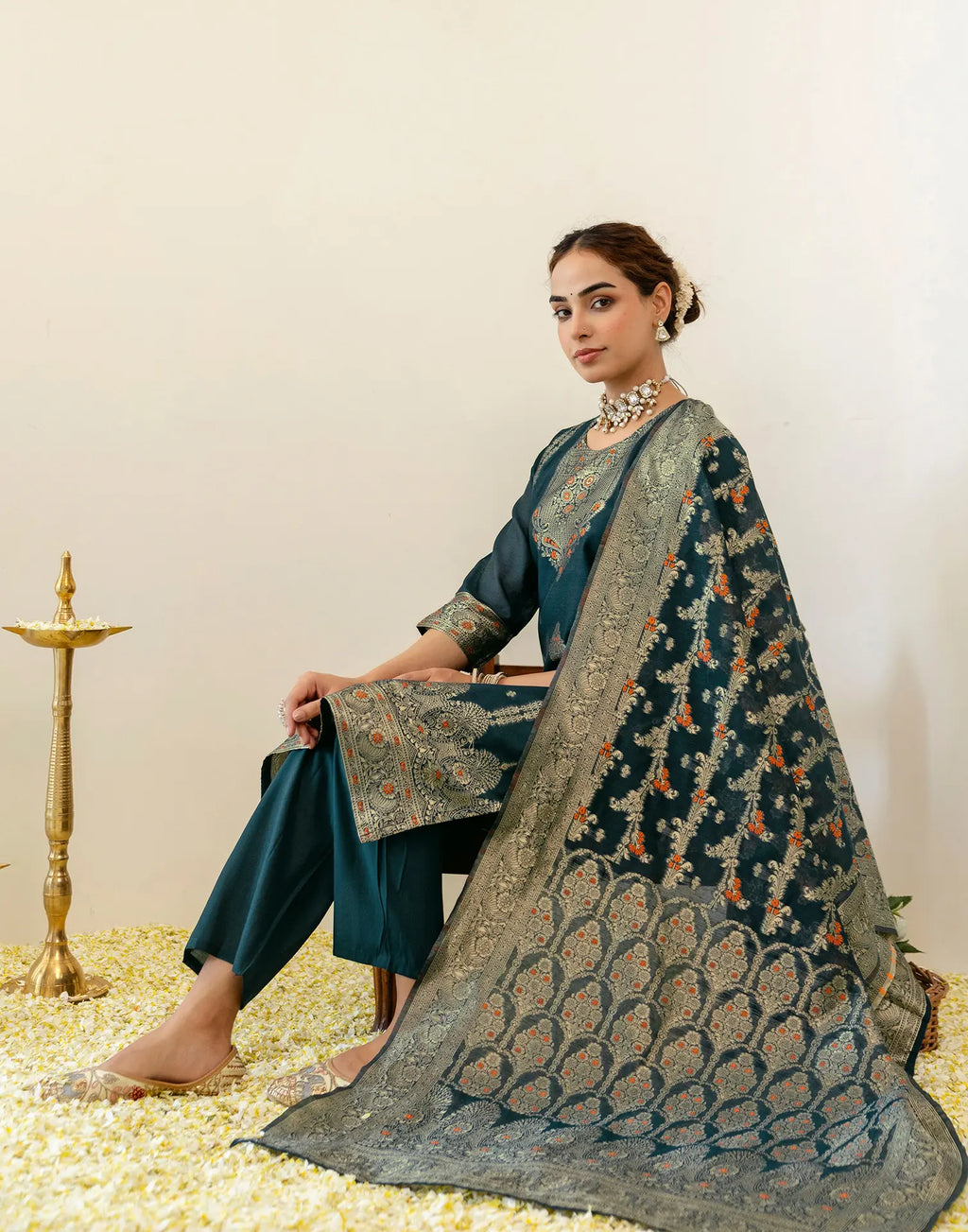 Peacock Teal Round Neck Jacquard Woven Design Straight 3 Piece Kurta Set With Dupatta