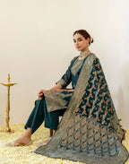 Peacock Teal Round Neck Jacquard Woven Design Straight 3 Piece Kurta Set With Dupatta