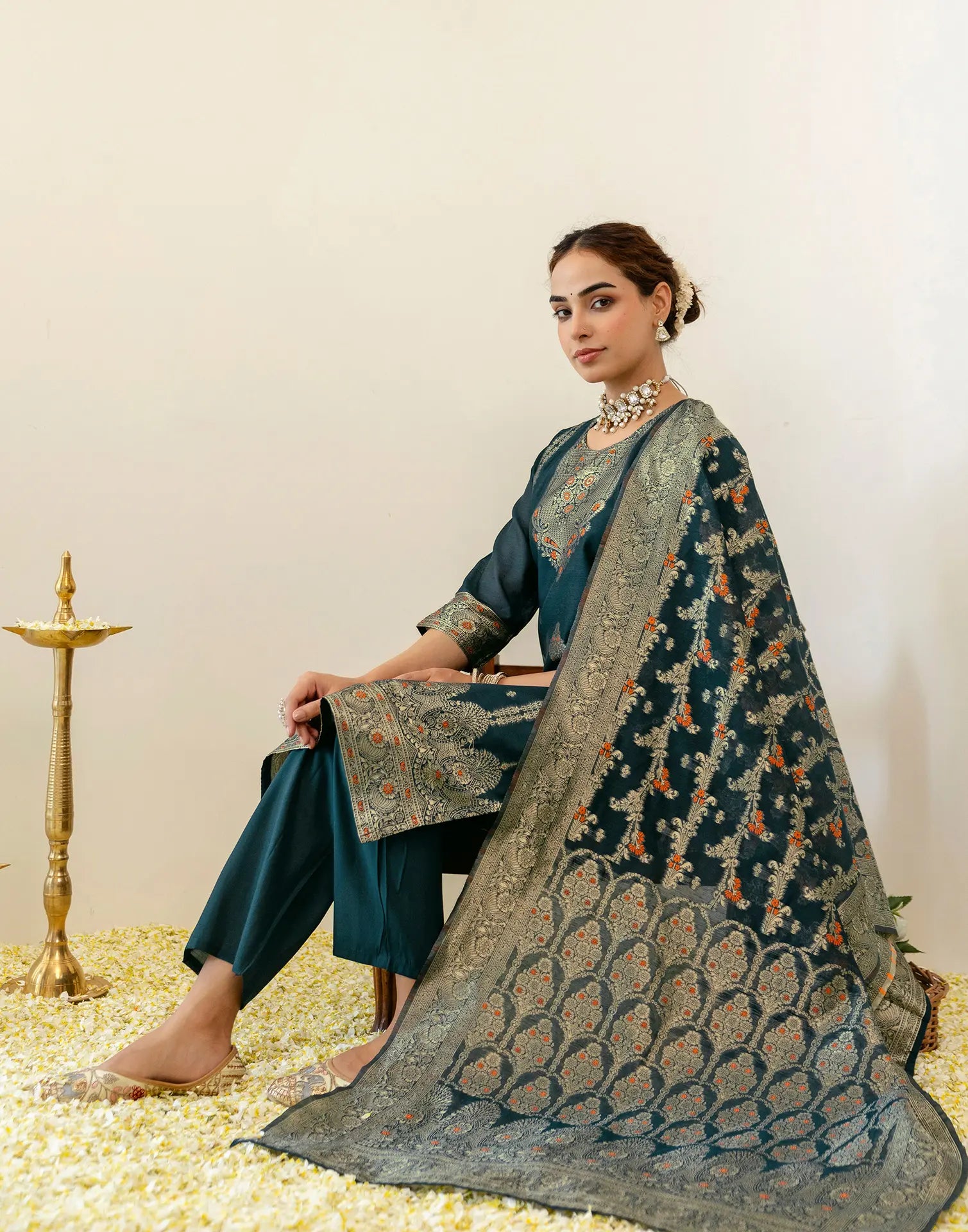 Peacock Teal Round Neck Jacquard Woven Design Straight 3 Piece Kurta Set With Dupatta