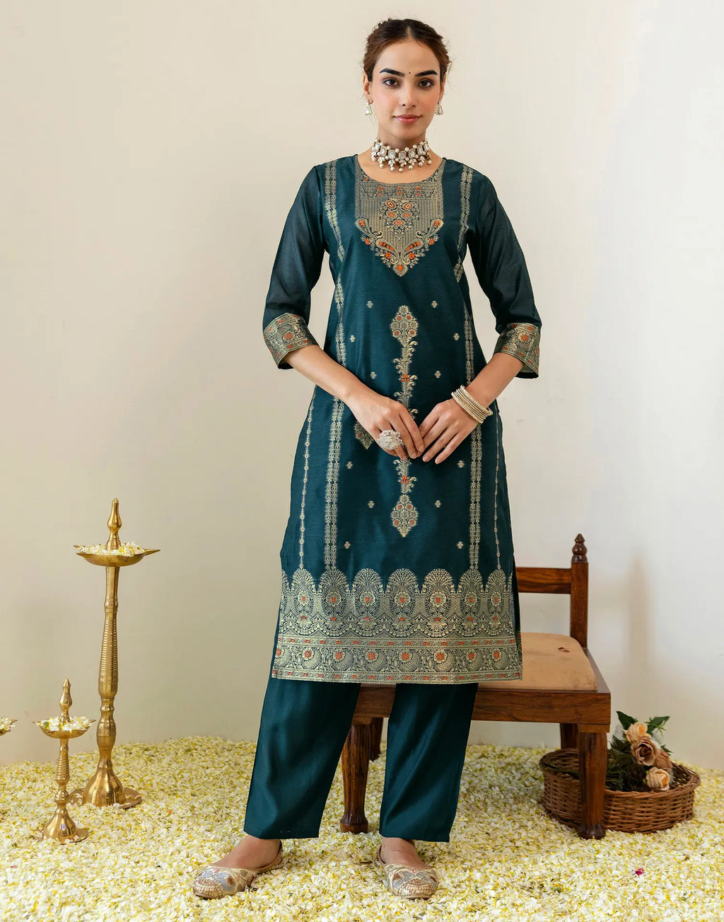 Peacock Teal Round Neck Jacquard Woven Design Straight 3 Piece Kurta Set With Dupatta