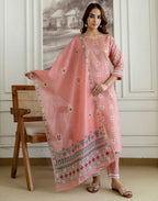 Salmon Pink Notched Round Neck Traditional Handloom Inspired Weave & Print Straight 3 Piece Kurta Set With Dupatta