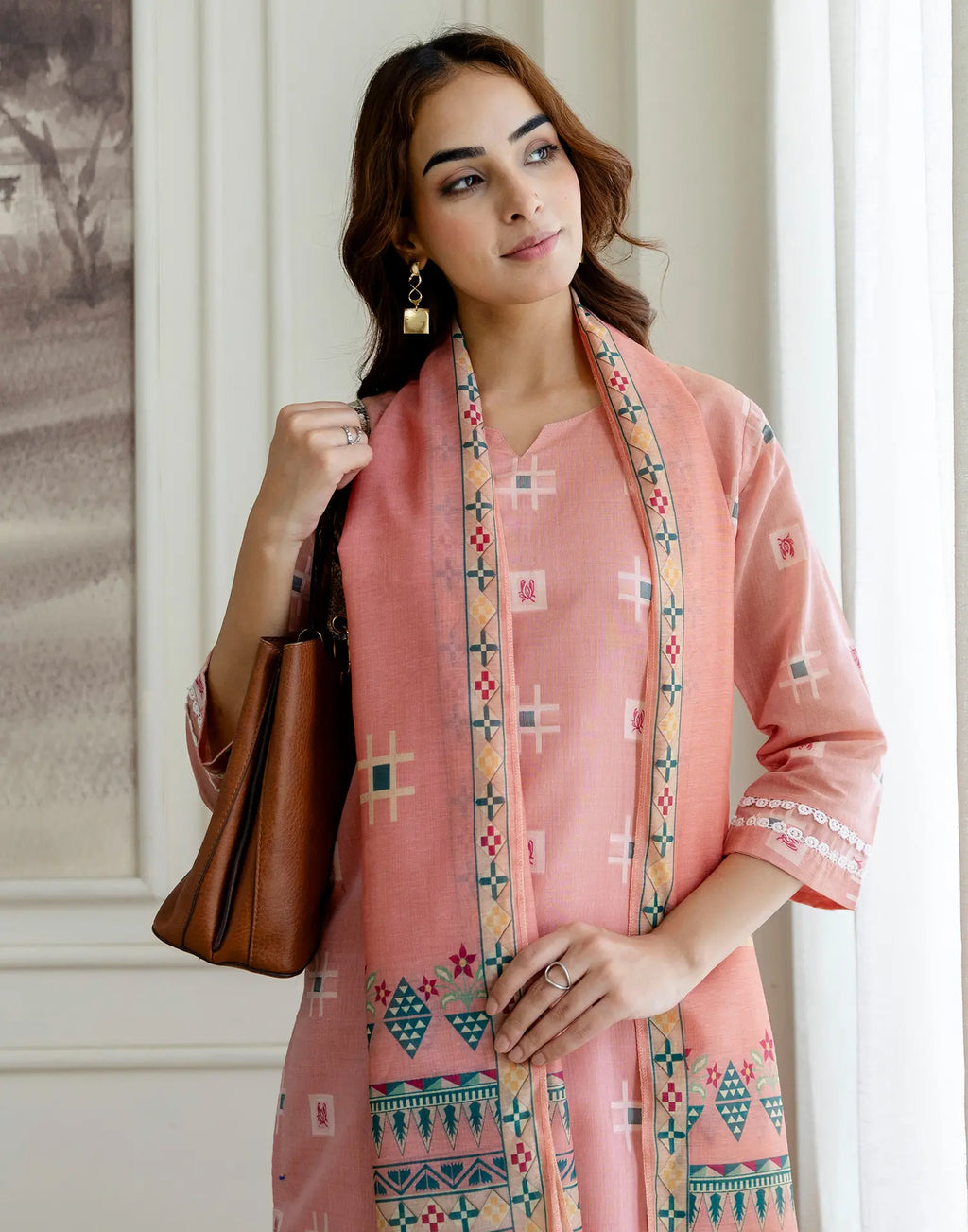 Salmon Pink Notched Round Neck Traditional Handloom Inspired Weave & Print Straight 3 Piece Kurta Set With Dupatta