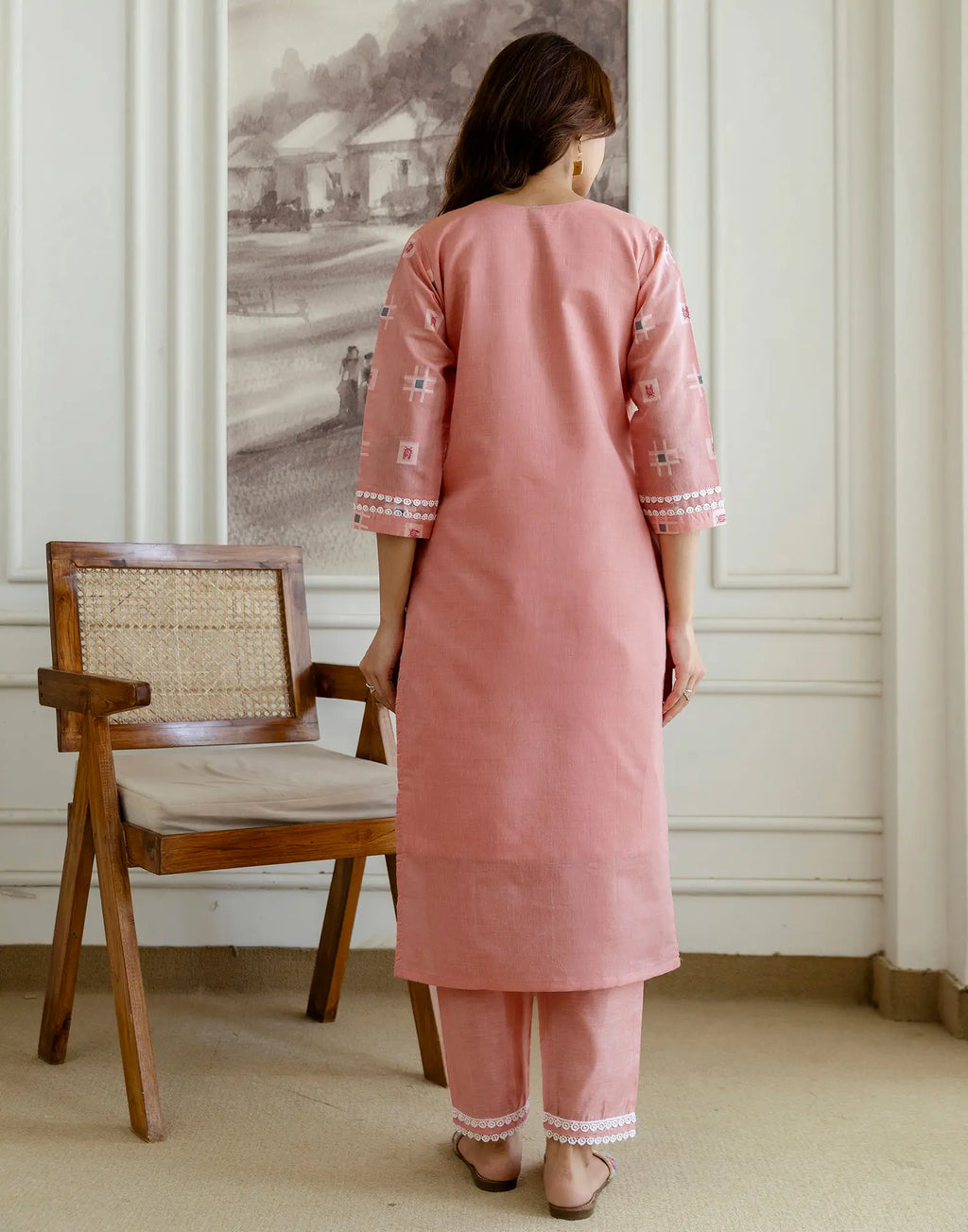 Salmon Pink Notched Round Neck Traditional Handloom Inspired Weave & Print Straight 3 Piece Kurta Set With Dupatta