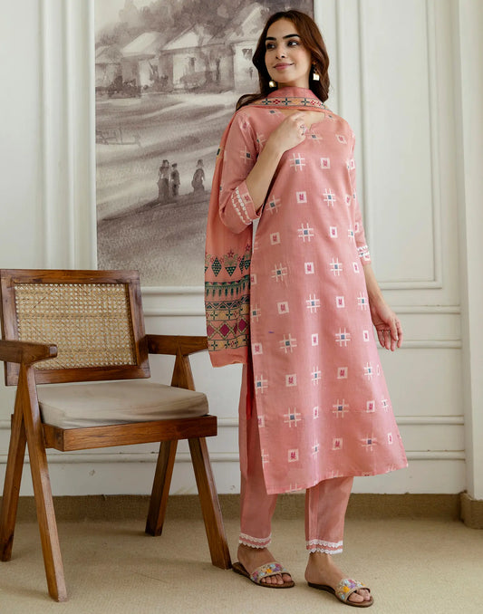 Salmon Pink Notched Round Neck Traditional Handloom Inspired Weave & Print Straight 3 Piece Kurta Set With Dupatta