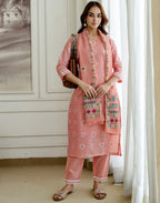 Salmon Pink Notched Round Neck Traditional Handloom Inspired Weave & Print Straight 3 Piece Kurta Set With Dupatta