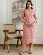 Salmon Pink Notched Round Neck Traditional Handloom Inspired Weave & Print Straight 3 Piece Kurta Set With Dupatta