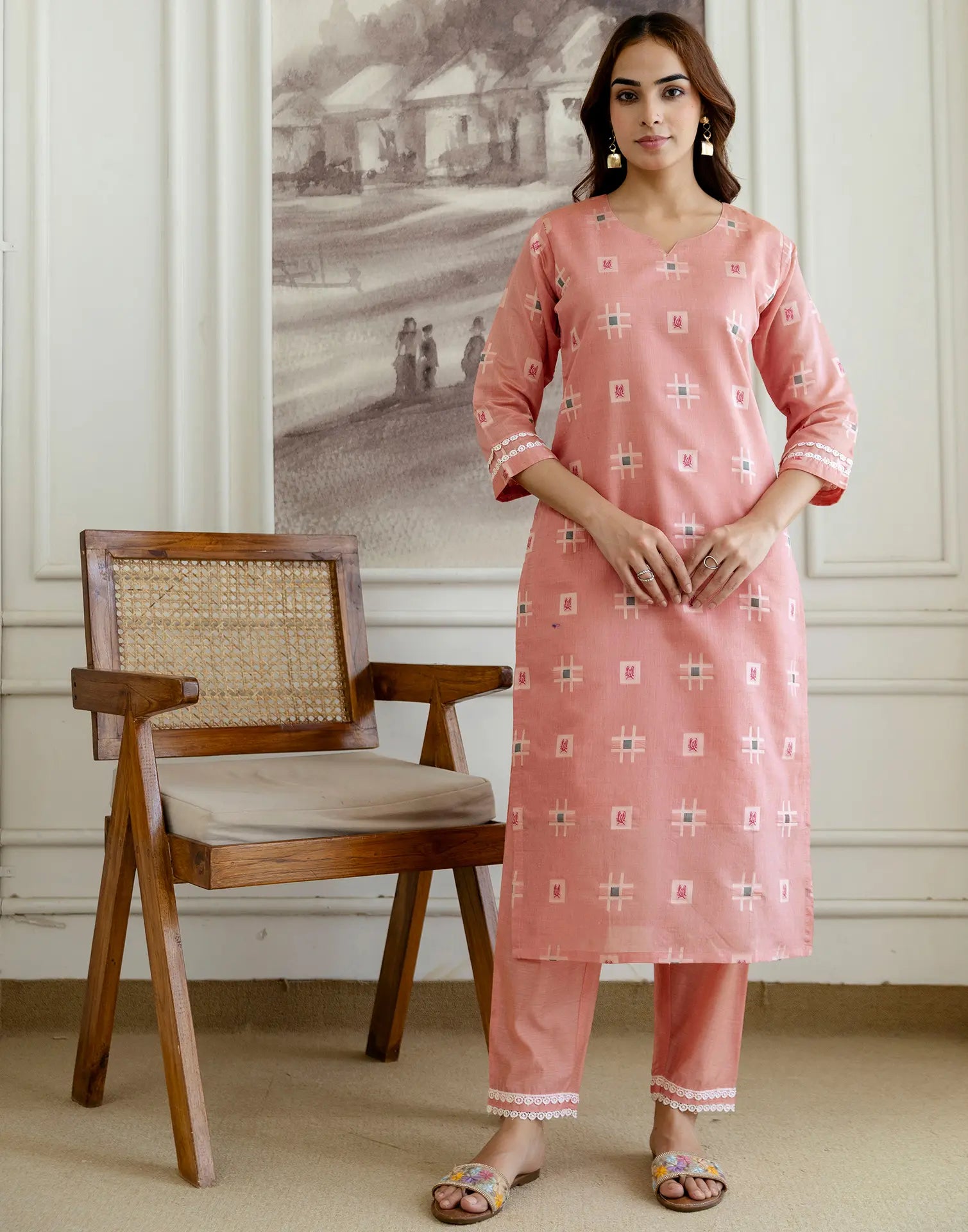 Salmon Pink Notched Round Neck Traditional Handloom Inspired Weave & Print Straight 3 Piece Kurta Set With Dupatta