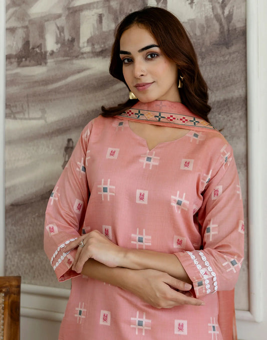 Salmon Pink Notched Round Neck Traditional Handloom Inspired Weave & Print Straight 3 Piece Kurta Set With Dupatta