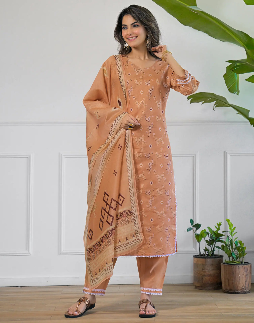 Peach Beige Notched Round Neck Traditional Handloom Inspired Weave & Print Straight 3 Piece Kurta Set With Dupatta