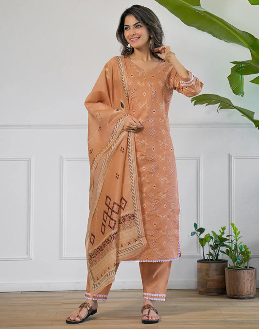 Peach Beige Notched Round Neck Traditional Handloom Inspired Weave & Print Straight 3 Piece Kurta Set With Dupatta