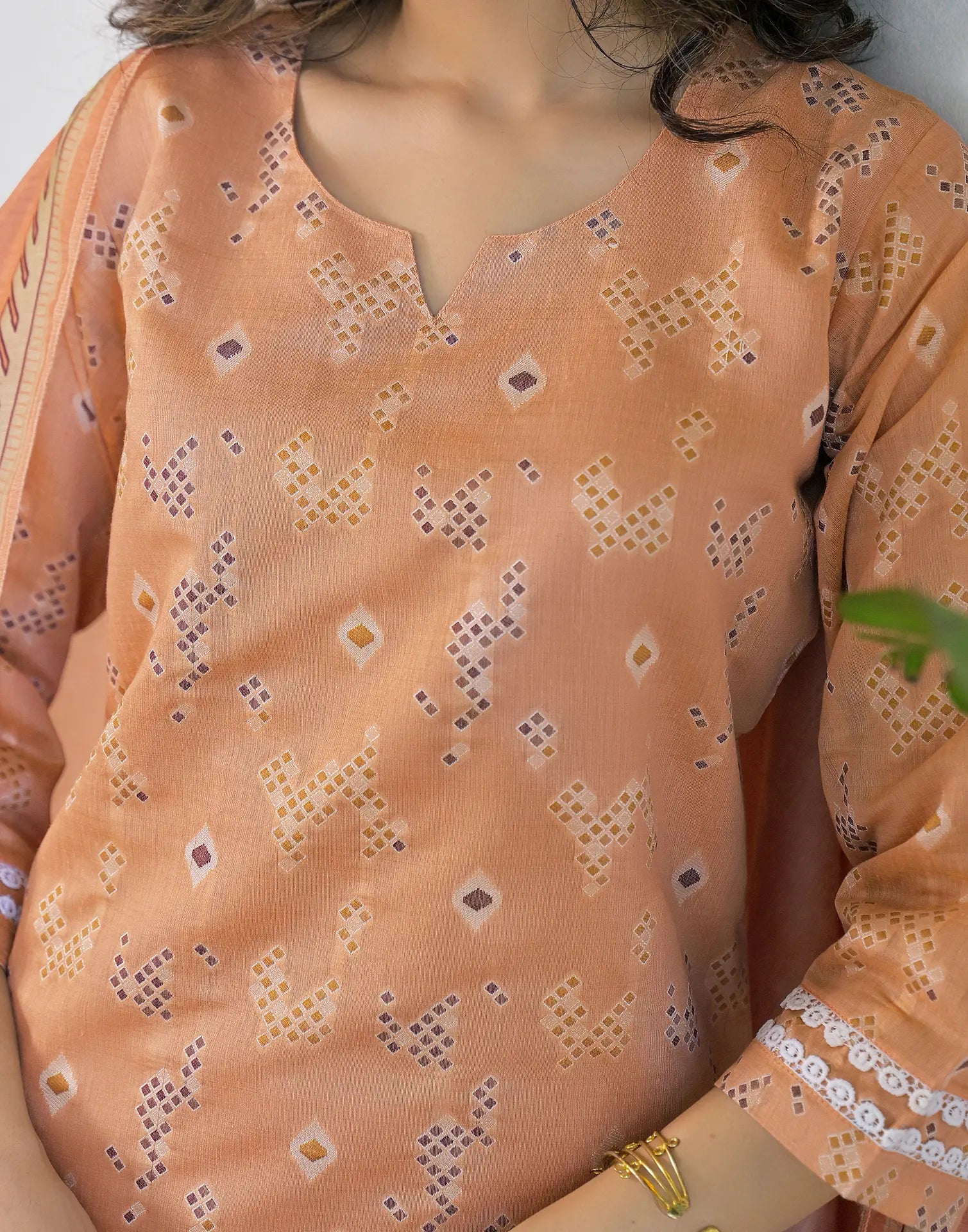 Peach Beige Notched Round Neck Traditional Handloom Inspired Weave & Print Straight 3 Piece Kurta Set With Dupatta