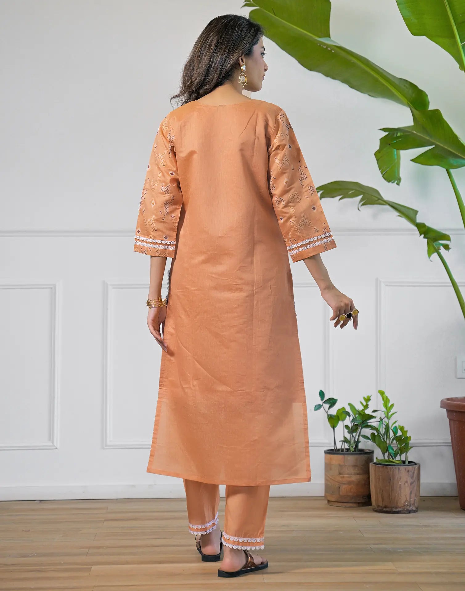 Peach Beige Notched Round Neck Traditional Handloom Inspired Weave & Print Straight 3 Piece Kurta Set With Dupatta