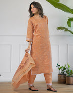 Peach Beige Notched Round Neck Traditional Handloom Inspired Weave & Print Straight 3 Piece Kurta Set With Dupatta