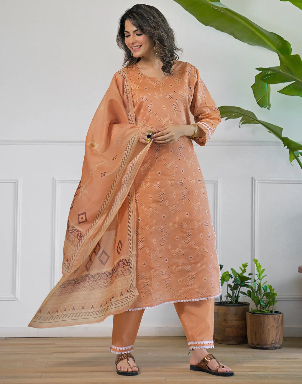Peach Beige Notched Round Neck Traditional Handloom Inspired Weave & Print Straight 3 Piece Kurta Set With Dupatta