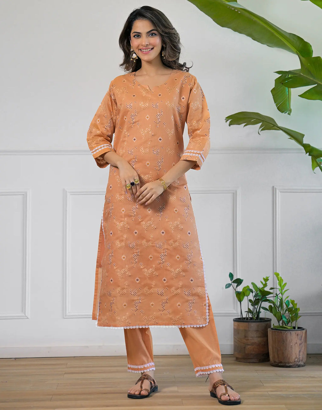 Peach Beige Notched Round Neck Traditional Handloom Inspired Weave & Print Straight 3 Piece Kurta Set With Dupatta