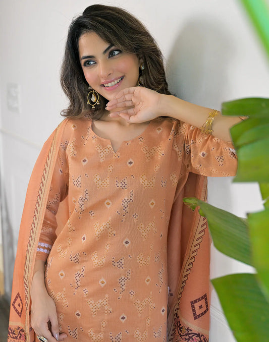 Peach Beige Notched Round Neck Traditional Handloom Inspired Weave & Print Straight 3 Piece Kurta Set With Dupatta