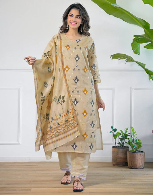 Sand Beige Notched Round Neck Embellished Straight 3 Piece Kurta Set With Dupatta