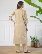 Sand Beige Notched Round Neck Embellished Straight 3 Piece Kurta Set With Dupatta