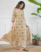Sand Beige Notched Round Neck Embellished Straight 3 Piece Kurta Set With Dupatta