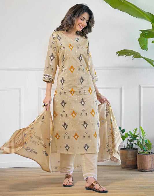 Sand Beige Notched Round Neck Embellished Straight 3 Piece Kurta Set With Dupatta