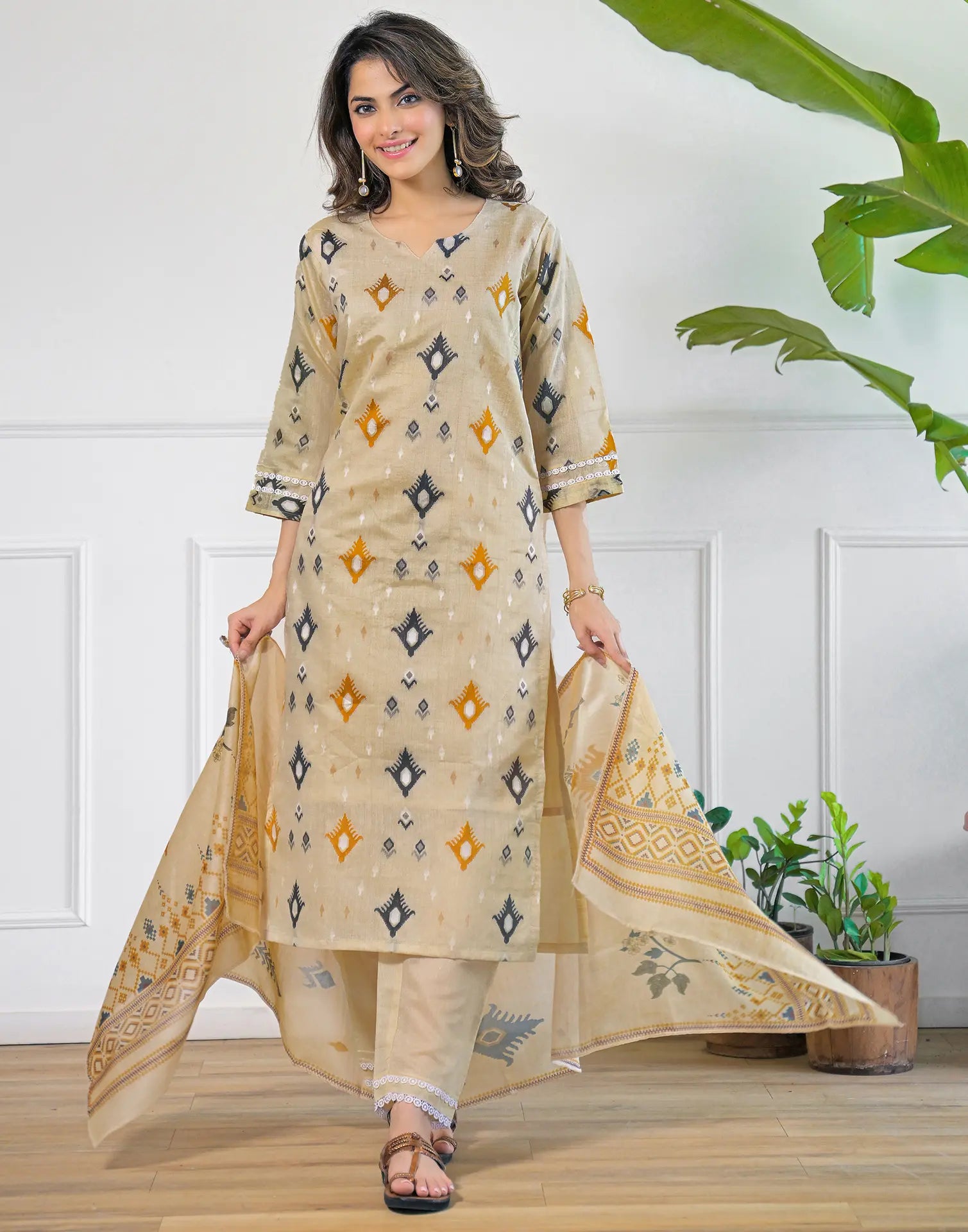 Sand Beige Notched Round Neck Embellished Straight 3 Piece Kurta Set With Dupatta