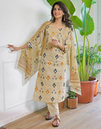 Sand Beige Notched Round Neck Embellished Straight 3 Piece Kurta Set With Dupatta