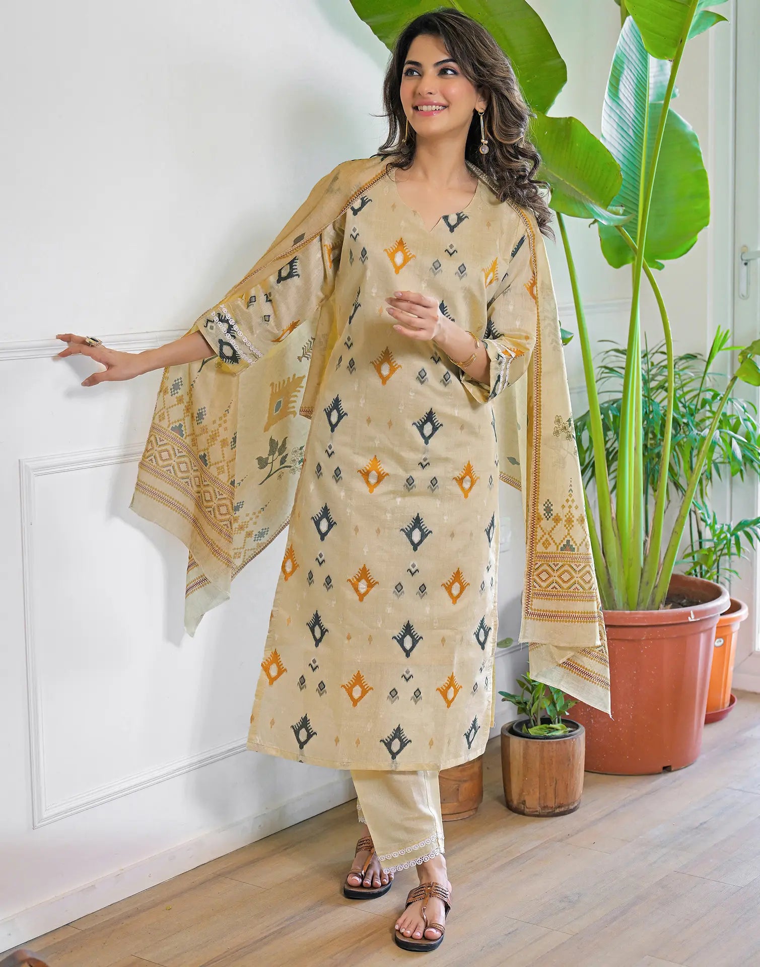 Sand Beige Notched Round Neck Embellished Straight 3 Piece Kurta Set With Dupatta
